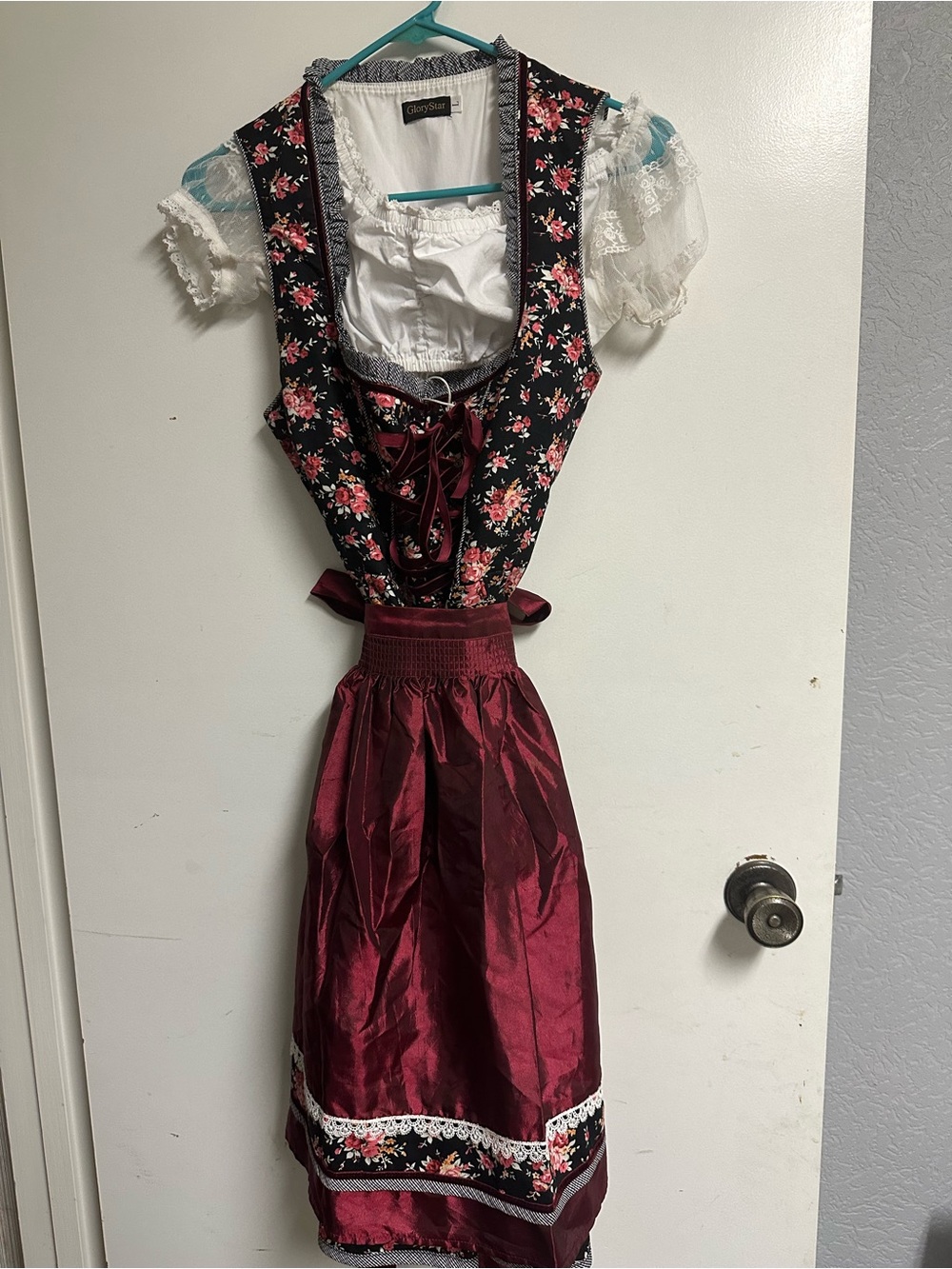 Traditional Floral Bodice Dirndl dress with Burgundy Apron. Beautiful 3 piece.